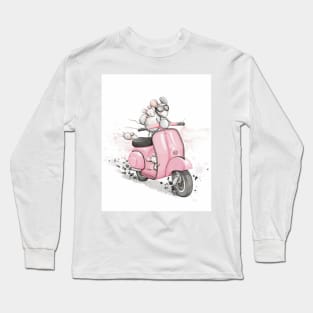 Mice on a classic vintage scooter. White background. Long Sleeve T-Shirt